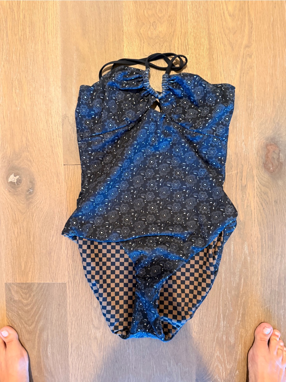 Anthropologie Black and Blue Floral One-Piece Swim
